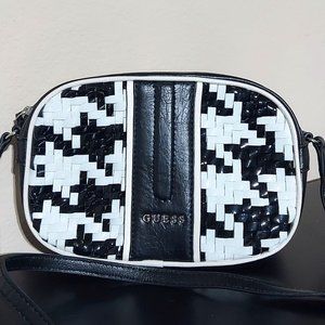 Guess Black and White Woven Crossbody Bag